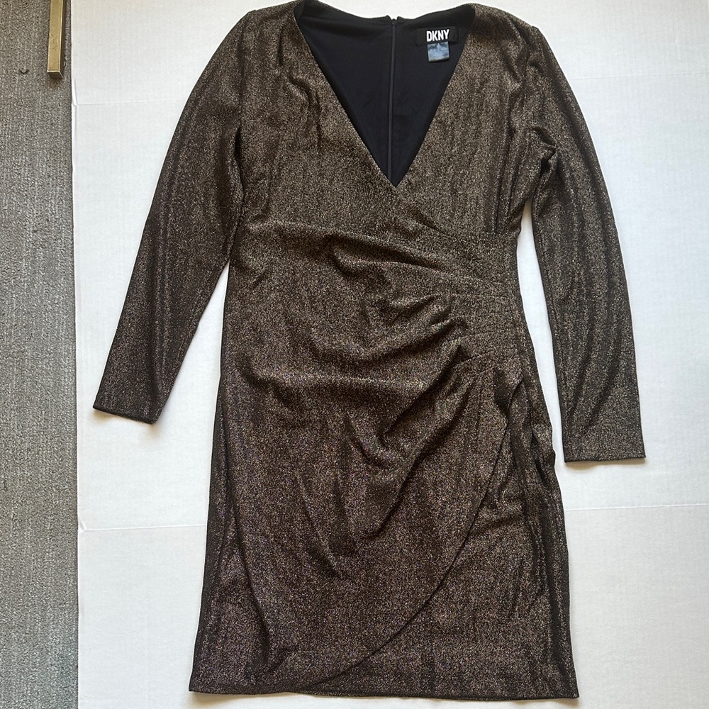 DKNY Shimmery Gold Long-Sleeve Wrap-Style Dress